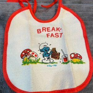 Vintage Payo 80’s Baby Bib White Red Trim SMURF Breakfast Cotton
